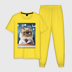 Пижама хлопковая мужская Кот аналитик - нейроарт, цвет: желтый