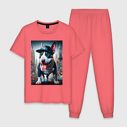 Пижама хлопковая мужская Funny bull terrier in New York - ai art, цвет: коралловый
