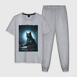 Мужская пижама Кибер кот за компьютером - неоновое свечение