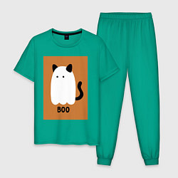 Пижама хлопковая мужская Котик-призрак на хэллоуин, цвет: зеленый