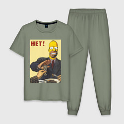 Пижама хлопковая мужская Пародия на плакаты СССР Гомер Симпсон, цвет: авокадо