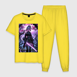 Пижама хлопковая мужская Девушка с катаной на фоне цветущей сакуры, цвет: желтый