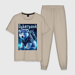 Пижама хлопковая мужская Белый медвежонок в стиле киберпанк, цвет: миндальный