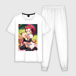 Пижама хлопковая мужская Джесси и Мяут на пикнике, цвет: белый