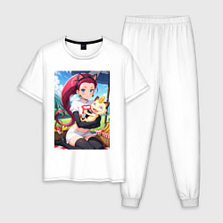 Пижама хлопковая мужская Джесси и Мяут на пикнике, цвет: белый