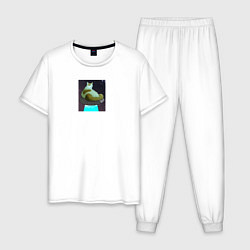 Пижама хлопковая мужская Кото мем на тарелке инопланетян, цвет: белый