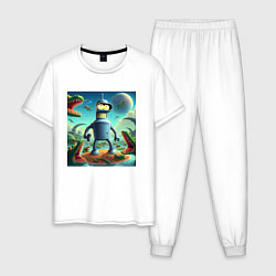 Пижама хлопковая мужская Робот-сгибальщик Бендер с пистолетом среди крокоди, цвет: белый