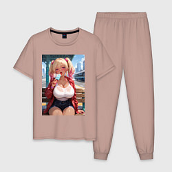 Пижама хлопковая мужская Симпотная девушка-гяру с мороженным - аниме, цвет: пыльно-розовый