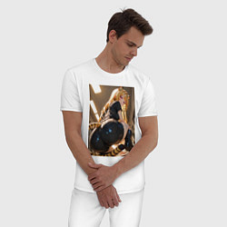 Пижама хлопковая мужская Девушка-тигрица в облегающих щортиках, цвет: белый — фото 2