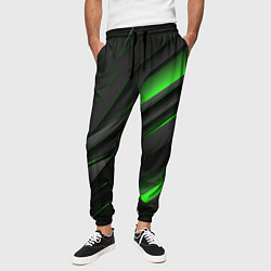 Брюки на резинке мужские Черно-зеленые объемные полосы, цвет: 3D-принт — фото 2