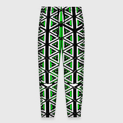 Брюки на резинке мужские Бело-зелёные треугольники на чёрном фоне, цвет: 3D-принт