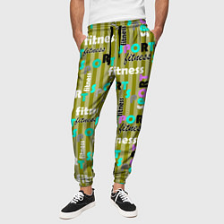 Брюки на резинке мужские Спорт и фитнес оливковый полосатый узор с текстом, цвет: 3D-принт — фото 2