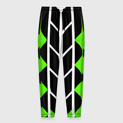 Брюки на резинке мужские Бело-зелёные линии на чёрном фоне, цвет: 3D-принт