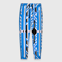 Брюки на резинке мужские Бело-синие техно полосы на чёрном фоне, цвет: 3D-принт