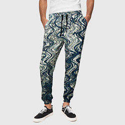 Брюки на резинке мужские Бело-синий искажённые абстрактные линии, цвет: 3D-принт — фото 2