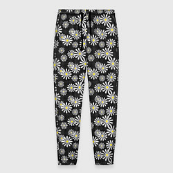 Брюки на резинке мужские Белые цветы ромашки на черном в мелкий горошек, цвет: 3D-принт