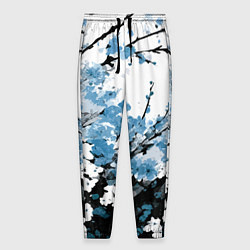 Брюки на резинке мужские Абстракция чёрное дерево с синими цветами, цвет: 3D-принт