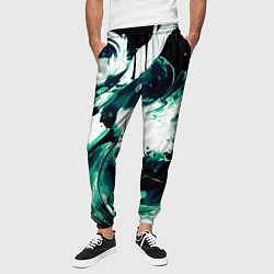 Брюки на резинке мужские Чёрно-зелёный абстракция волна, цвет: 3D-принт — фото 2