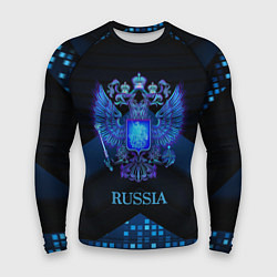 Рашгард мужской Синий неоновый герб России, цвет: 3D-принт