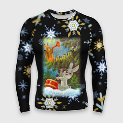 Рашгард мужской Новый год зайчик играет на барабане, цвет: 3D-принт