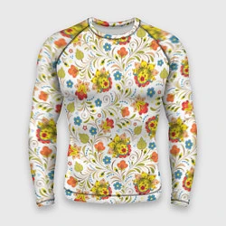 Рашгард мужской Хохломская роспись разноцветные цветы на белом фон, цвет: 3D-принт