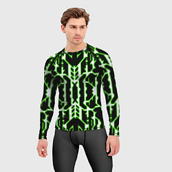 Рашгард мужской Техно белые линии с зелёной обводкой на чёрном фон, цвет: 3D-принт — фото 2