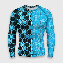 Рашгард мужской Техно-киберпанк шестиугольники голубой и чёрный, цвет: 3D-принт