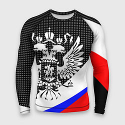 Рашгард мужской Герб России и государственный флаг на чёрном фоне, цвет: 3D-принт
