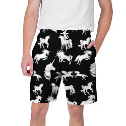 Шорты на шнурке мужские Белые единороги на черном фоне, цвет: 3D-принт