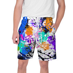 Шорты на шнурке мужские Брызги и мазки разноцветных красок на белом фоне, цвет: 3D-принт