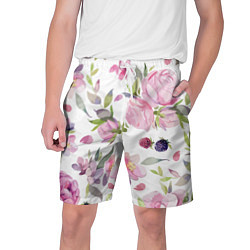 Мужские шорты Летний красочный паттерн из цветков розы и ягод еж