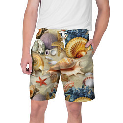 Шорты на шнурке мужские Морские раковины, кораллы, морские звёзды на песке, цвет: 3D-принт