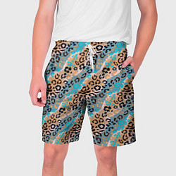 Мужские шорты Леопардовый узор на синих, бежевых диагональных по