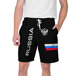 Шорты на шнурке мужские Россия и три линии на черном фоне, цвет: 3D-принт