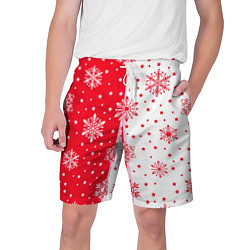 Мужские шорты Рождественские снежинки на красно-белом фоне
