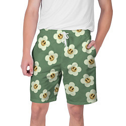Шорты на шнурке мужские Цветочки-смайлики: темно-зеленый паттерн, цвет: 3D-принт