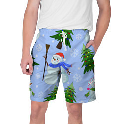 Шорты на шнурке мужские Снеговики с новогодними елками паттерн, цвет: 3D-принт