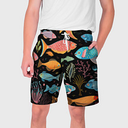 Шорты на шнурке мужские Фолк-арт рыбовы, цвет: 3D-принт