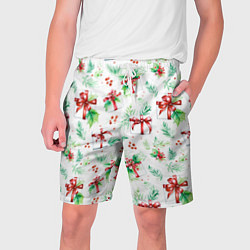 Шорты на шнурке мужские Елочные ветки и подарки с красным бантом акварелью, цвет: 3D-принт