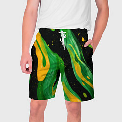 Шорты на шнурке мужские Зелено-желтая краска на черном, цвет: 3D-принт