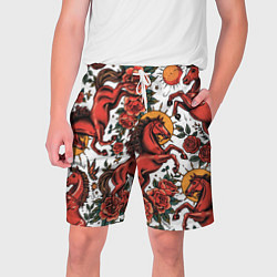 Шорты на шнурке мужские Красный конь в стиле татуировки, цвет: 3D-принт