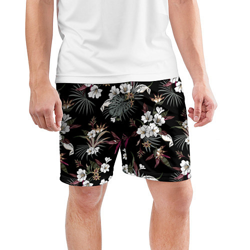 Мужские спортивные шорты Белые цветы в темноте / 3D-принт – фото 3