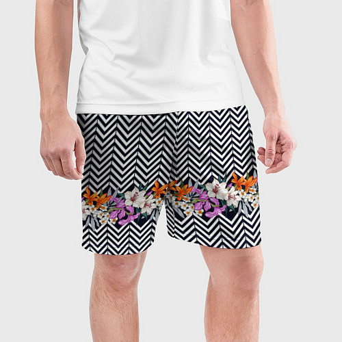 Мужские спортивные шорты Тропически цветы с орнаментом / 3D-принт – фото 3