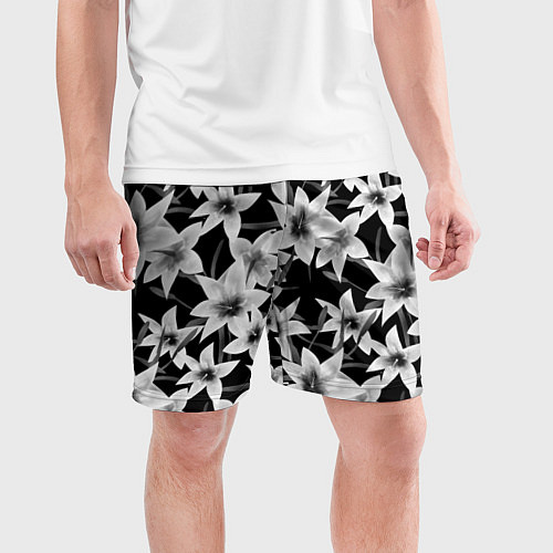 Мужские спортивные шорты Лилии черно-белые / 3D-принт – фото 3