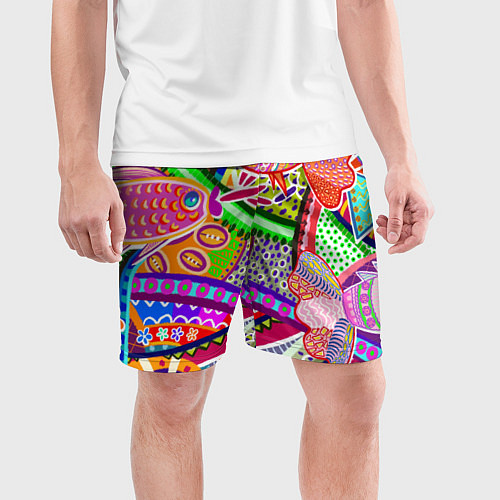 Мужские спортивные шорты Разноцветные яркие рыбки на абстрактном цветном фо / 3D-принт – фото 3