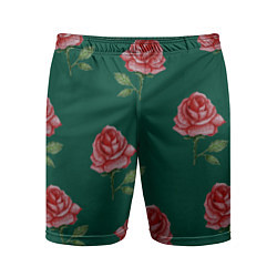 Мужские спортивные шорты Ярко красные розы на темно-зеленом фоне