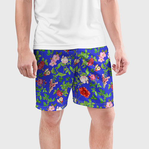 Мужские спортивные шорты Цветочки - синий фон - паттерн / 3D-принт – фото 3
