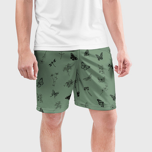 Мужские спортивные шорты Цветочки и бабочки на зеленом фоне / 3D-принт – фото 3