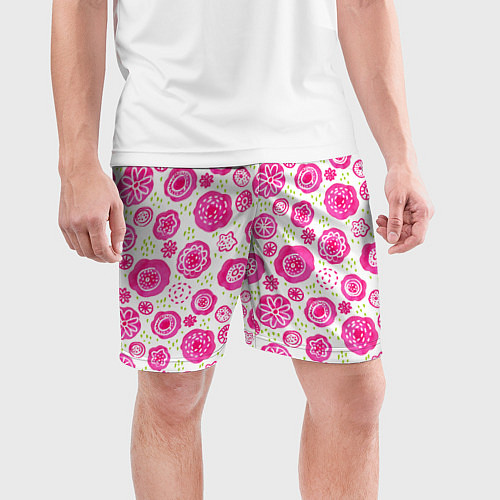 Мужские спортивные шорты Яркие розовые цветы в дудл стиле, абстракция / 3D-принт – фото 3