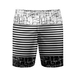 Шорты спортивные мужские Черно-белый комбинированный абстрактный с полосаты, цвет: 3D-принт